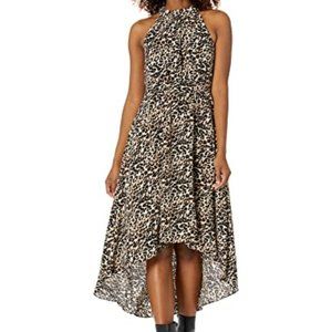 Vince Camuto Cheetah Print Pebble Crepe Halter Neck High-Low Midi Dress